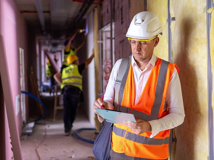 Mature adult male inspector in white hardhat and orange caution vest taking notes at a construction site while workers work in the background