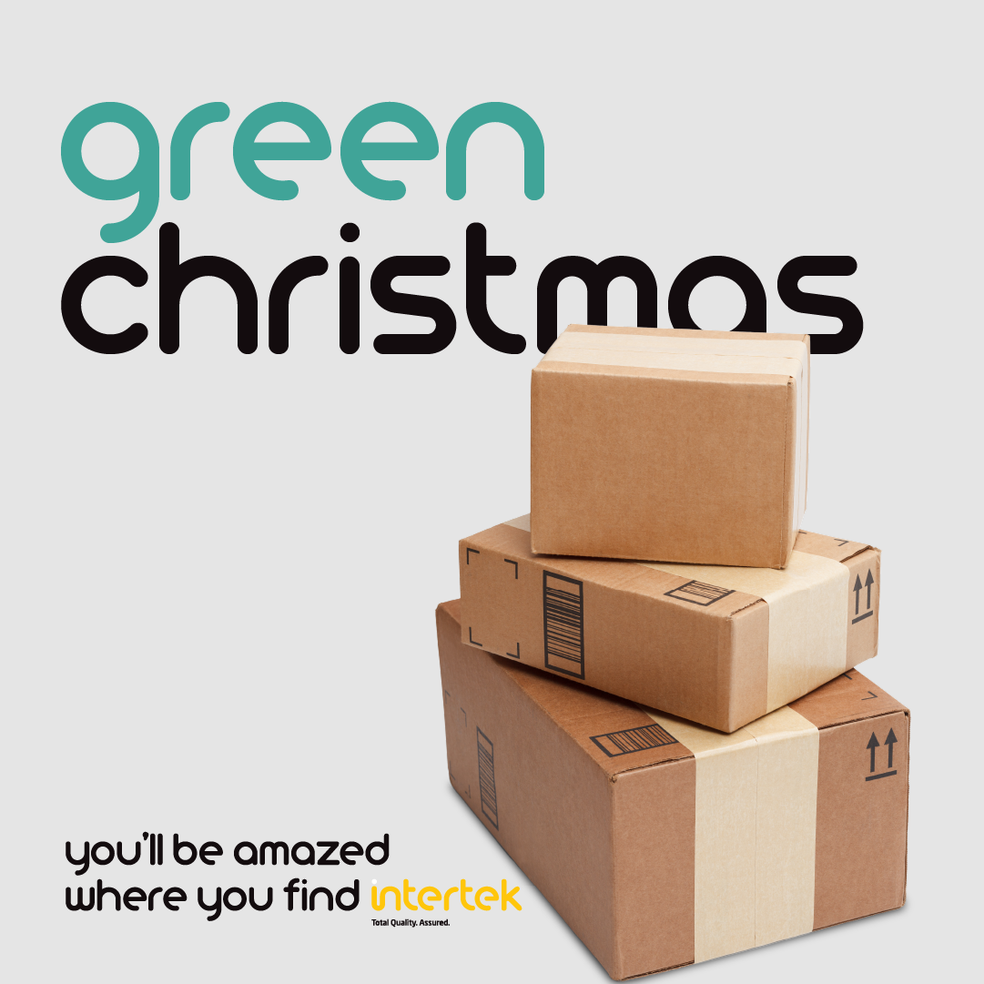 Green Christmas theme featuring Intertek branding, showcasing eco-friendly holiday decorations and products.
