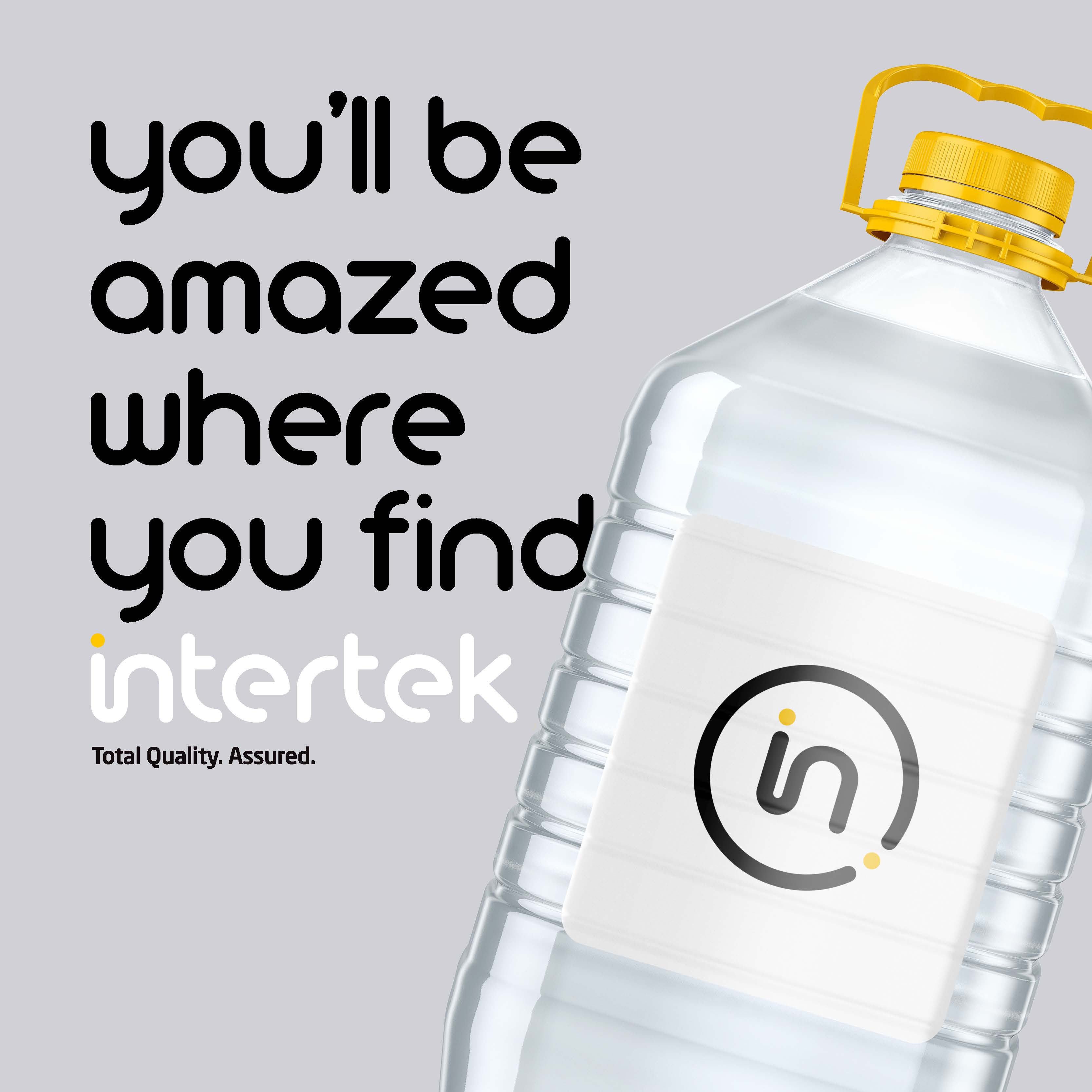 Intertek branded water bottle with a sleek design, featuring a secure lid and a convenient carrying handle.