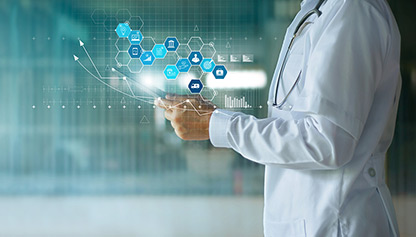 Image of a doctor using a tablet with healthcare-related icons.