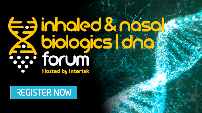 The Inhaled and Nasal Biologics DNA forum logo in white and yellow font against a dark turquoise backgrouns