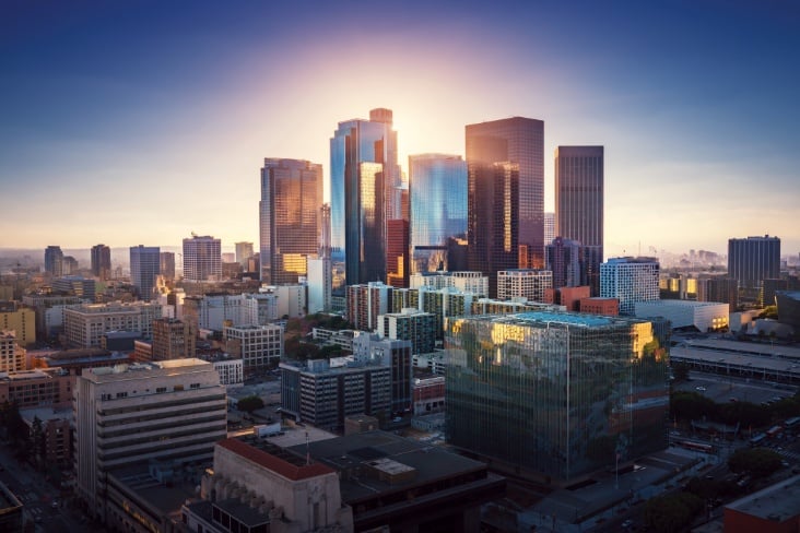 Sunset over Los Angeles downtown