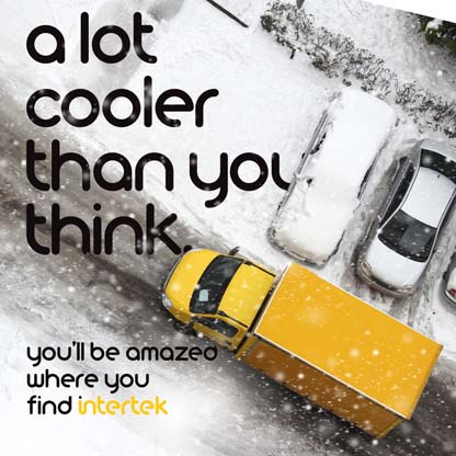 Truck driving past cars covered in snow