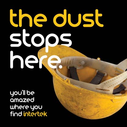 Dirty yellow construction helmet on a black background with the words "the dust stops here" and Intertek logo.