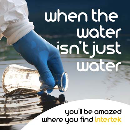 Gloved hand dipping a beaker into a lake with the phrase "when the water isn’t just water" and Intertek branding.